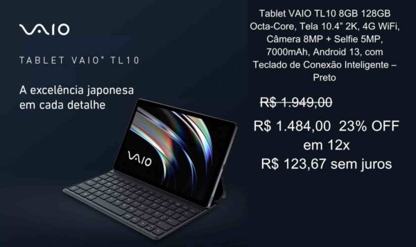 Tablet VAIO TL10 8GB 128GB Octa-Core, Tela 10.4” 2K, 4G WiFi, Câmera 8MP + Selfie 5MP, 7000mAh, Android 13, com Teclado de Conexão Inteligente – Preto